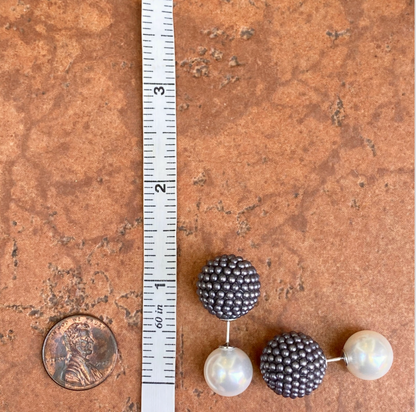 Sterling Silver Double-Ended White Faux Pearl + Gray Textured Ball Earring