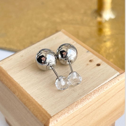 Stainless Steel Double Ended Silver Color Ball + Glass Post Stud Earrings