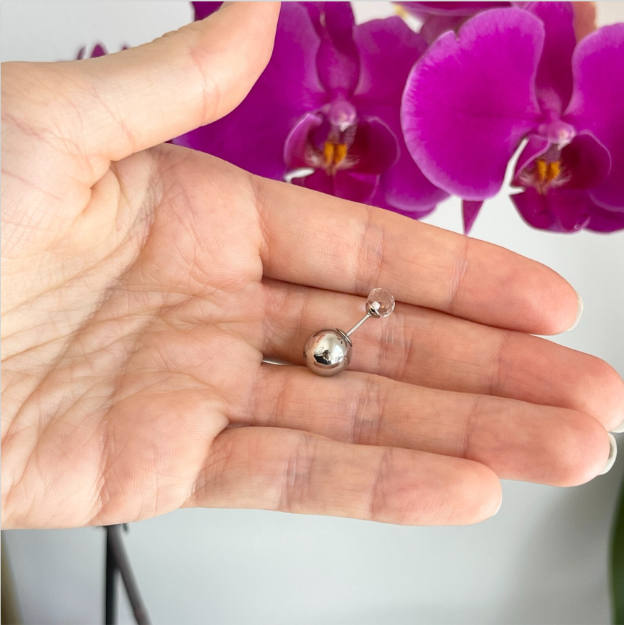 Stainless Steel Double Ended Silver Color Ball + Glass Post Stud Earrings