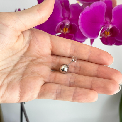 Stainless Steel Double Ended Silver Color Ball + Glass Post Stud Earrings