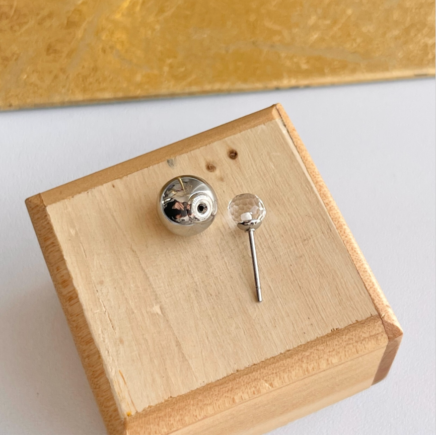 Stainless Steel Double Ended Silver Color Ball + Glass Post Stud Earrings