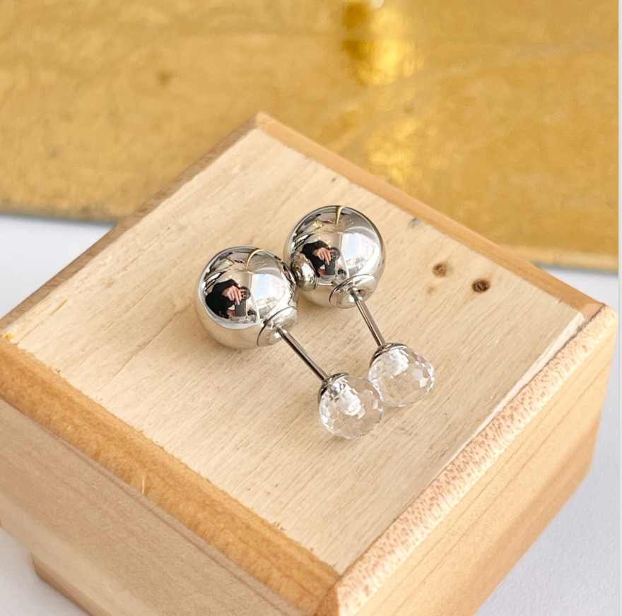 Stainless Steel Double Ended Silver Color Ball + Glass Post Stud Earrings