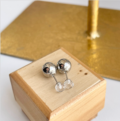 Stainless Steel Double Ended Silver Color Ball + Glass Post Stud Earrings