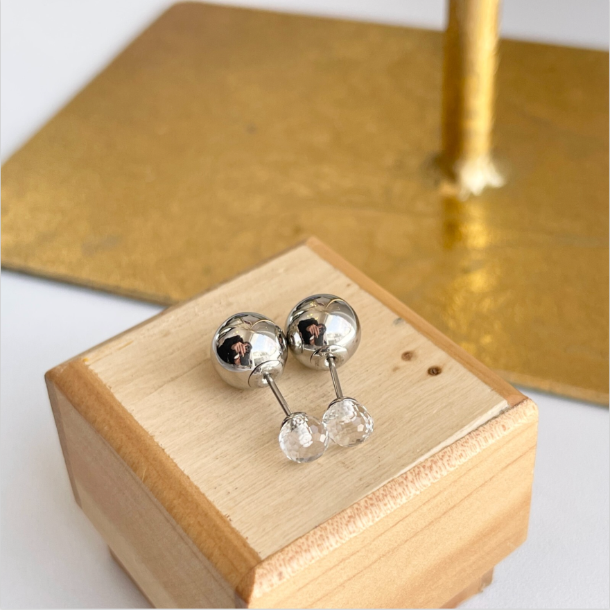 Stainless Steel Double Ended Silver Color Ball + Glass Post Stud Earrings
