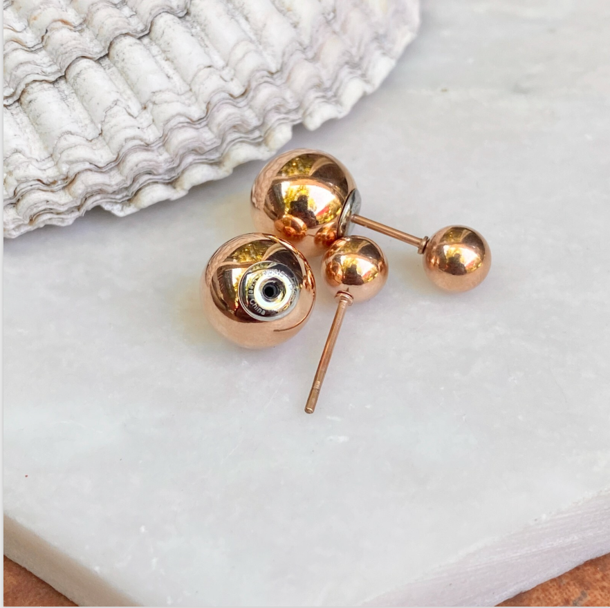 Rose Pink Toned Stainless Steel Double Ended Ball Post Stud Earrings Reversible