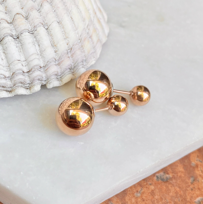 Rose Pink Toned Stainless Steel Double Ended Ball Post Stud Earrings Reversible