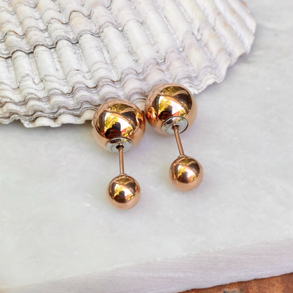 Rose Pink Toned Stainless Steel Double Ended Ball Post Stud Earrings Reversible