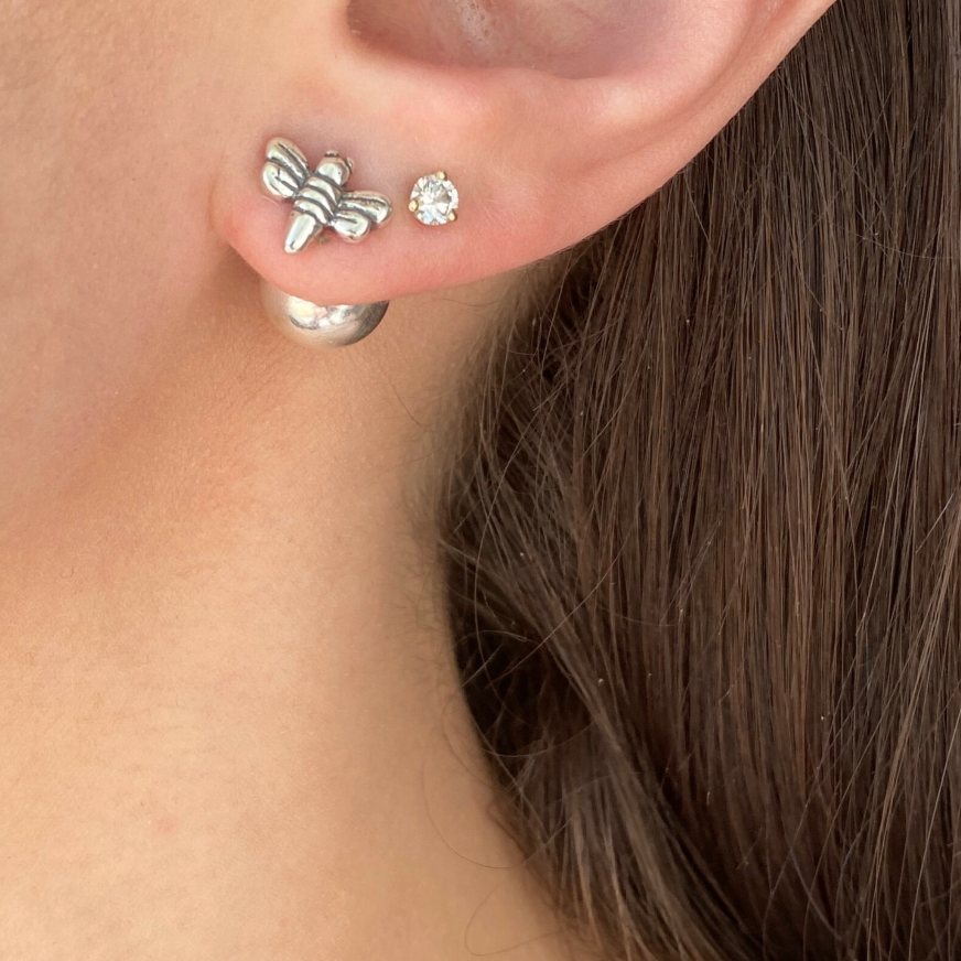 Sterling Silver Polished Double-Ended Bumble Bee & Ball Earrings Front Back