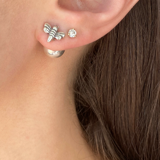 Sterling Silver Polished Double-Ended Bumble Bee & Ball Earrings Front Back