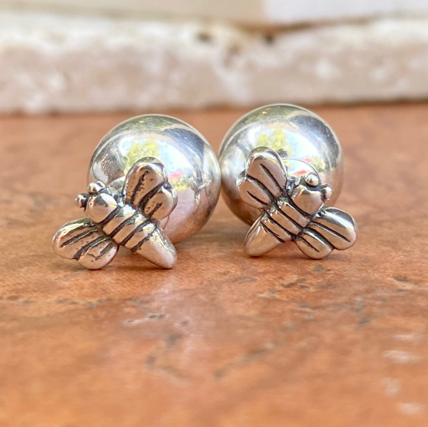 Sterling Silver Polished Double-Ended Bumble Bee & Ball Earrings Front Back