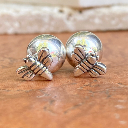 Sterling Silver Polished Double-Ended Bumble Bee & Ball Earrings Front Back