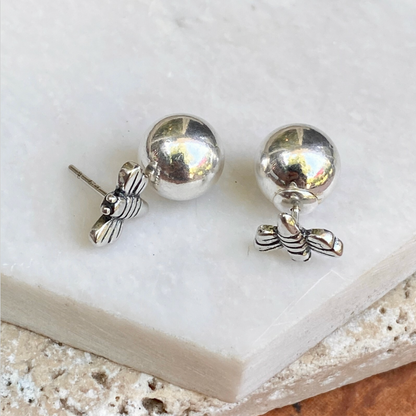 Sterling Silver Polished Double-Ended Bumble Bee & Ball Earrings Front Back