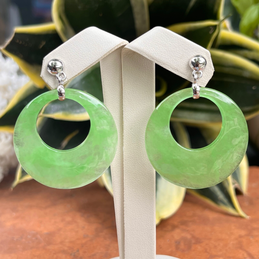 Sterling Silver Large Donut Round Pale Green Jade Gemstone Post Dangle Earrings