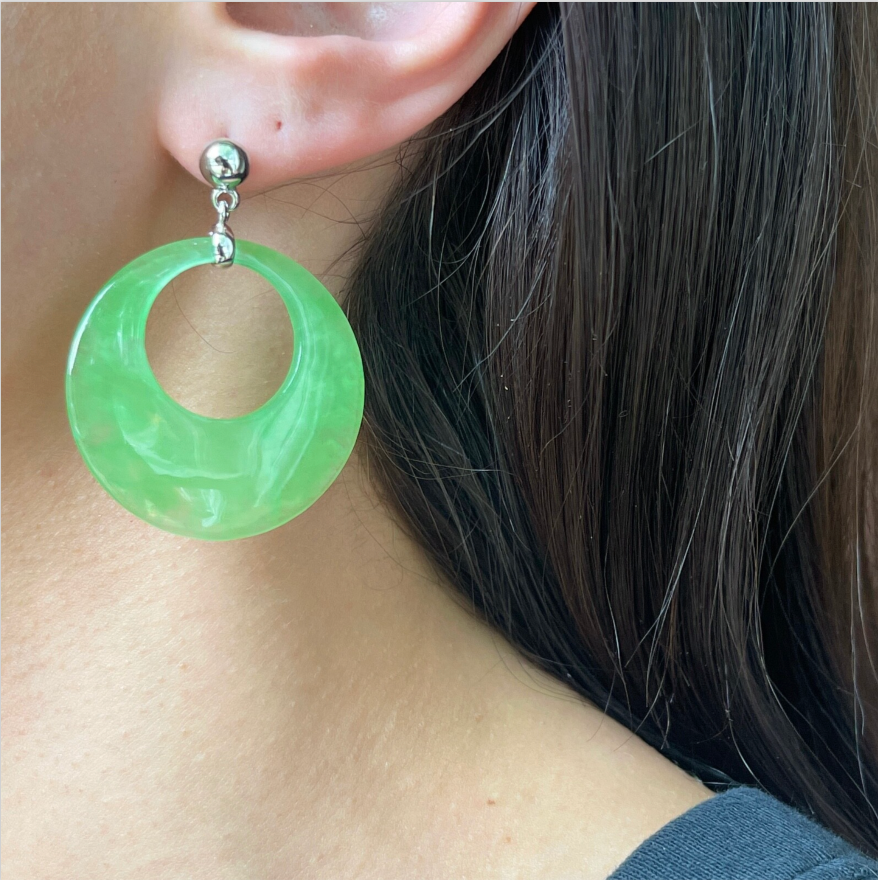 Sterling Silver Large Donut Round Pale Green Jade Gemstone Post Dangle Earrings