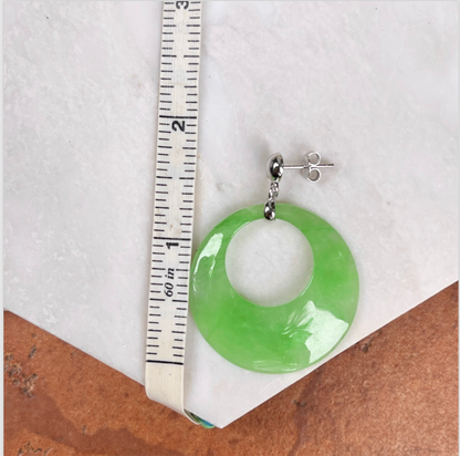 Sterling Silver Large Donut Round Pale Green Jade Gemstone Post Dangle Earrings