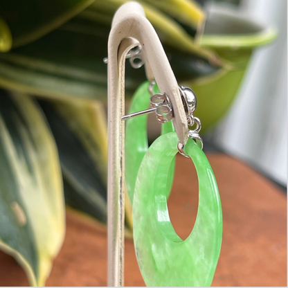 Sterling Silver Large Donut Round Pale Green Jade Gemstone Post Dangle Earrings