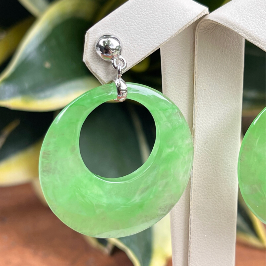 Sterling Silver Large Donut Round Pale Green Jade Gemstone Post Dangle Earrings