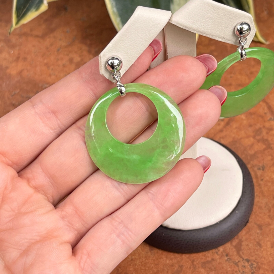 Sterling Silver Large Donut Round Pale Green Jade Gemstone Post Dangle Earrings