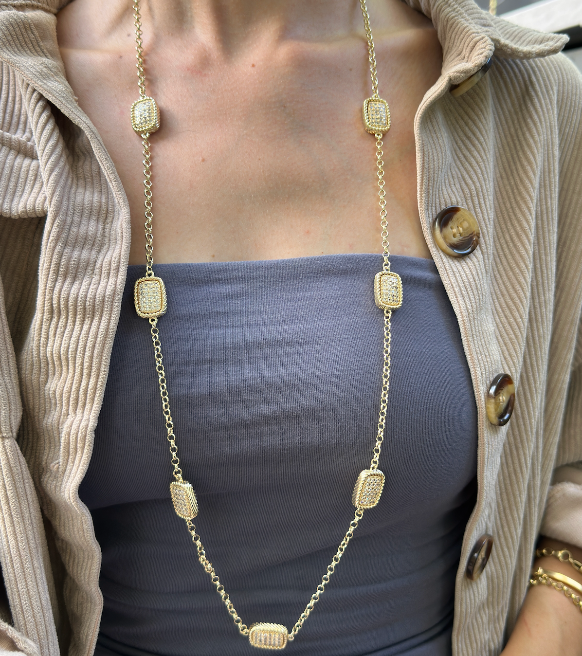 Yellow Gold-Plated Cubic Zirconia Long Cable Necklace 38'' Adjustable