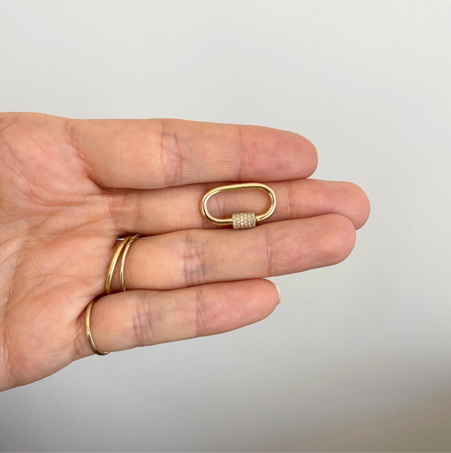 14KT Yellow Gold Pave Diamond Oval Pendant Hanger Screw On Carabiner