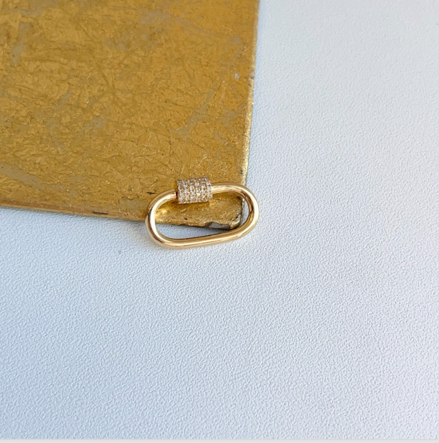 14KT Yellow Gold Pave Diamond Oval Pendant Hanger Screw On Carabiner