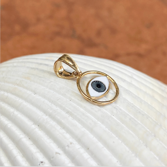 14KT Yellow Gold Blue Enamel Round Evil Eye Detailed Pendant Charm Small