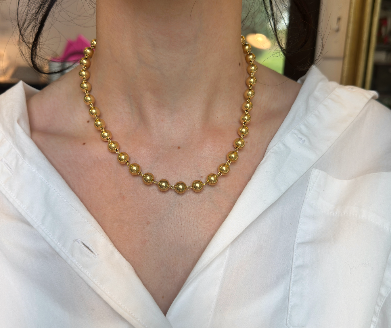 Estate 14KT Yellow Gold Beaded 7mm Ball Station Necklace