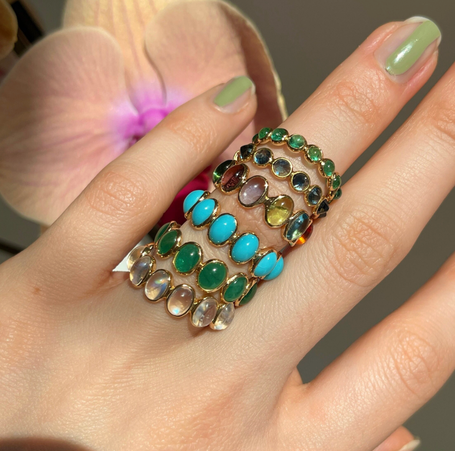 18KT Yellow Gold Cabochon 4.95 CT Oval Emerald Eternity Band Ring