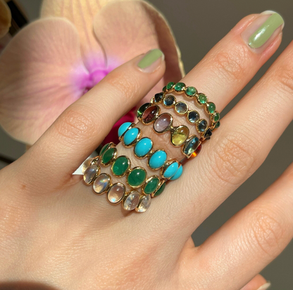 18KT Yellow Gold Cabochon 4.95 CT Oval Emerald Eternity Band Ring