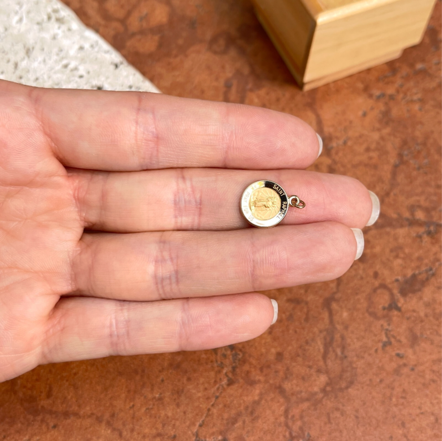 14KT Yellow Gold St Raphael Round Medal Pendant 12mm