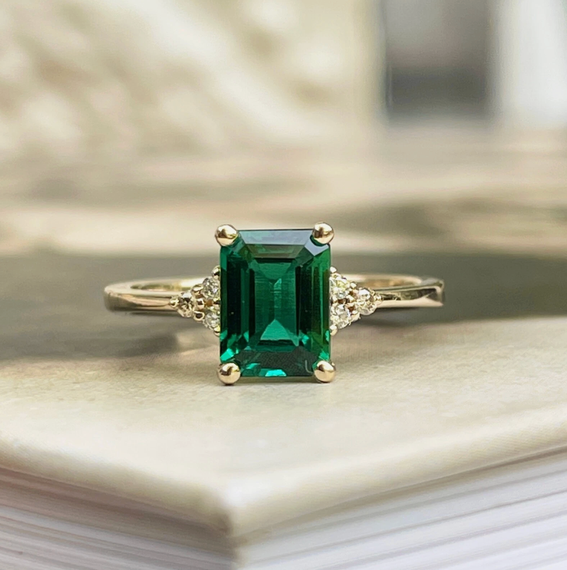 14KT Yellow Gold Lab-Created Emerald-Cut Emerald + Diamond Ring