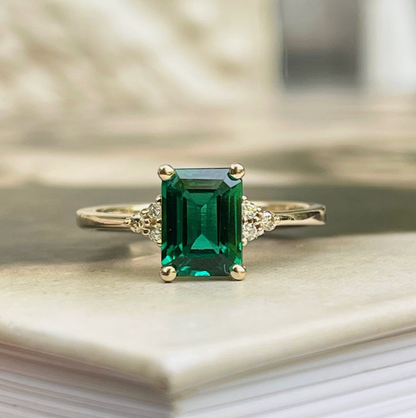 14KT Yellow Gold Lab-Created Emerald-Cut Emerald + Diamond Ring