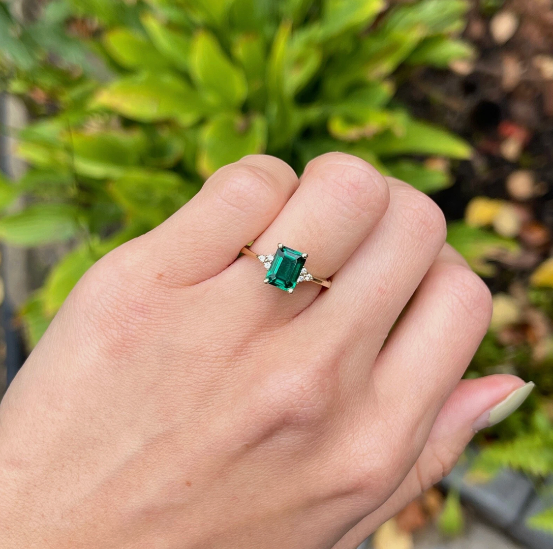 14KT Yellow Gold Lab-Created Emerald-Cut Emerald + Diamond Ring