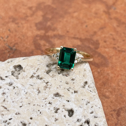 14KT Yellow Gold Lab-Created Emerald-Cut Emerald + Diamond Ring