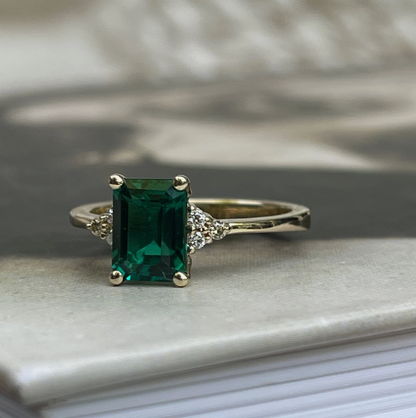 14KT Yellow Gold Lab-Created Emerald-Cut Emerald + Diamond Ring