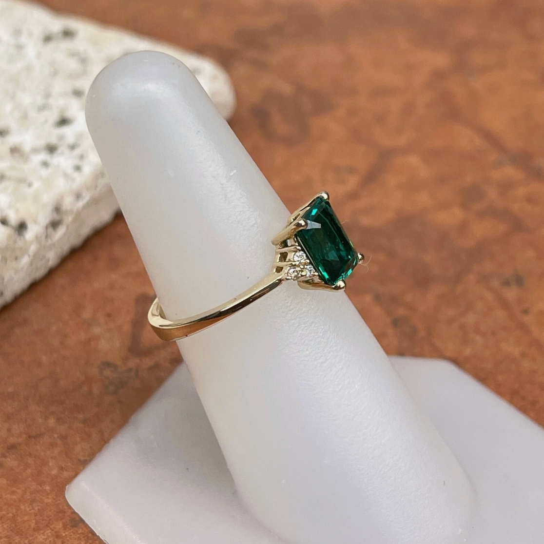14KT Yellow Gold Lab-Created Emerald-Cut Emerald + Diamond Ring