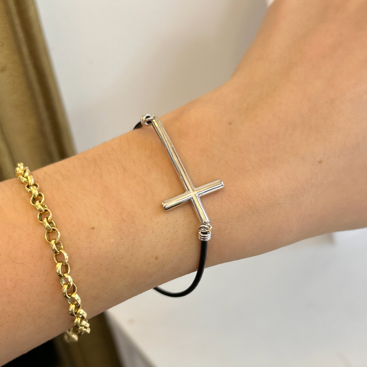 Sterling Silver Sideways Cross + Black Leather Strap Bracelet 7.5" - LSJ