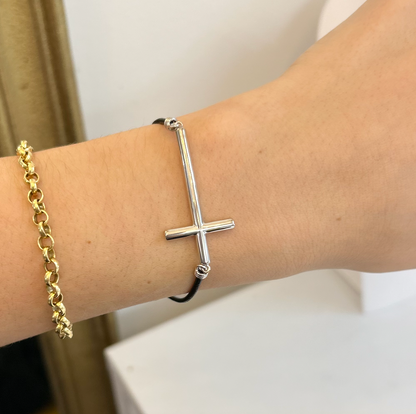 Sterling Silver Sideways Cross + Black Leather Strap Bracelet 7.5"