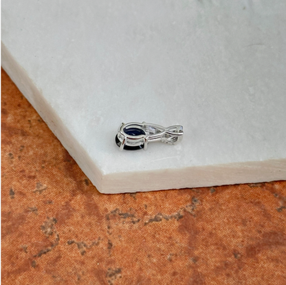14KT White Gold Oval Lab Blue Sapphire + Diamond Pendant Slide