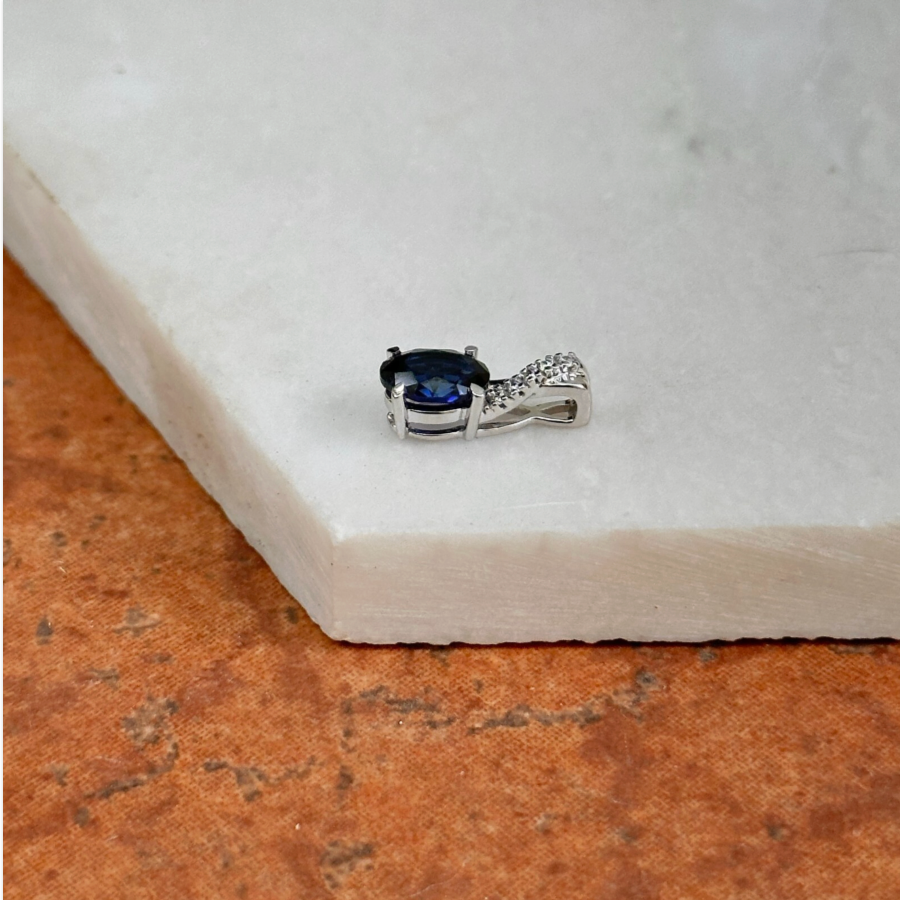 14KT White Gold Oval Lab Blue Sapphire + Diamond Pendant Slide
