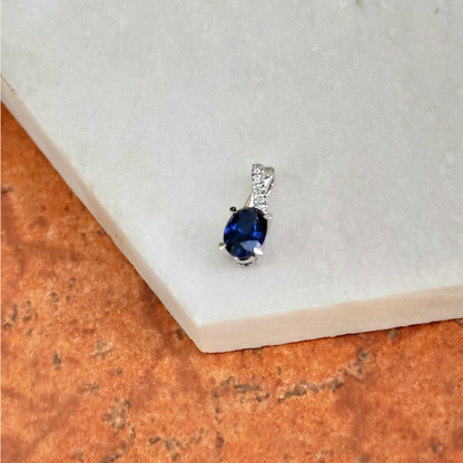 14KT White Gold Oval Lab Blue Sapphire + Diamond Pendant Slide