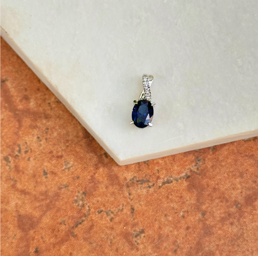 14KT White Gold Oval Lab Blue Sapphire + Diamond Pendant Slide