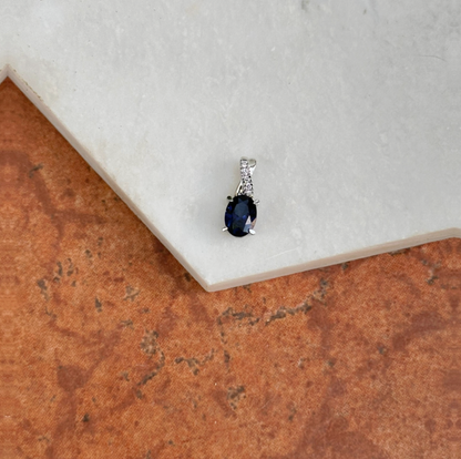 14KT White Gold Oval Lab Blue Sapphire + Diamond Pendant Slide