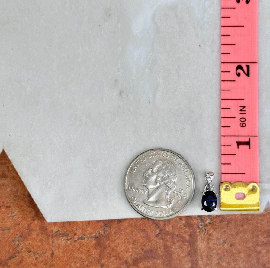 14KT White Gold Oval Lab Blue Sapphire + Diamond Pendant Slide