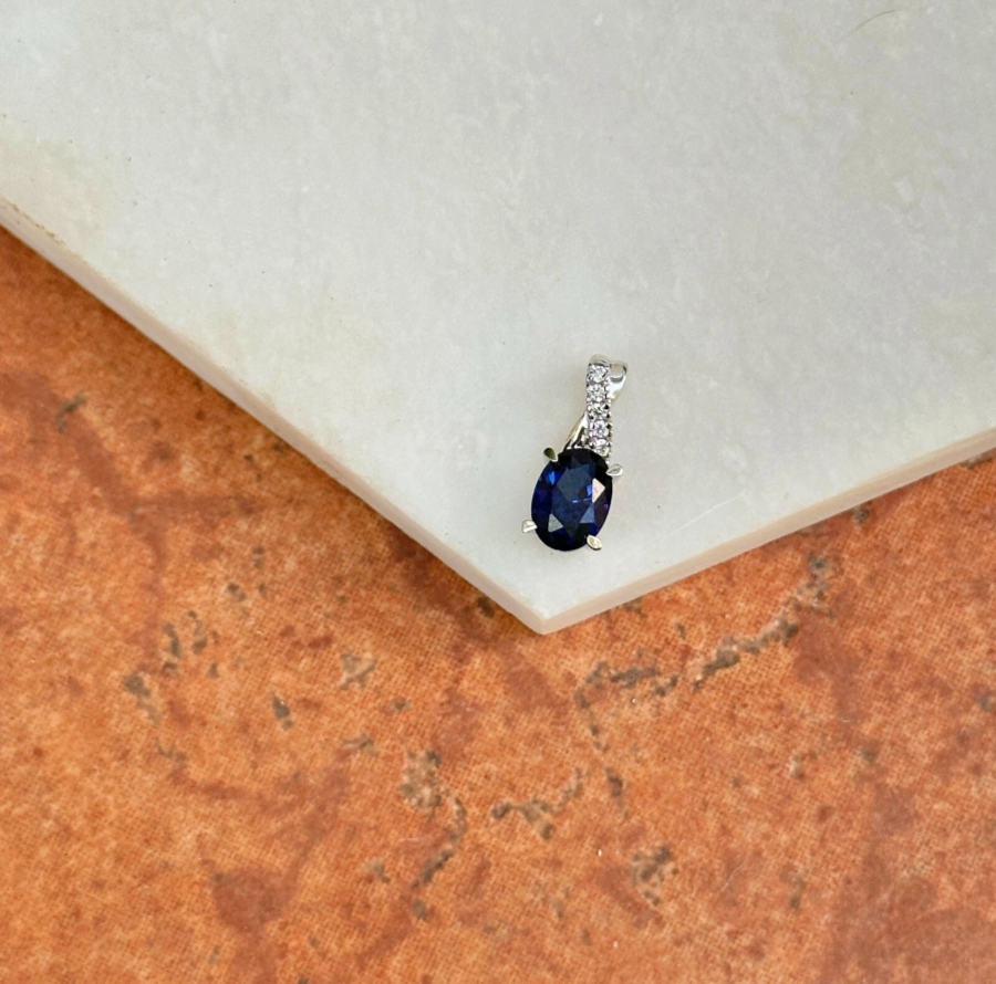 14KT White Gold Oval Lab Blue Sapphire + Diamond Pendant Slide