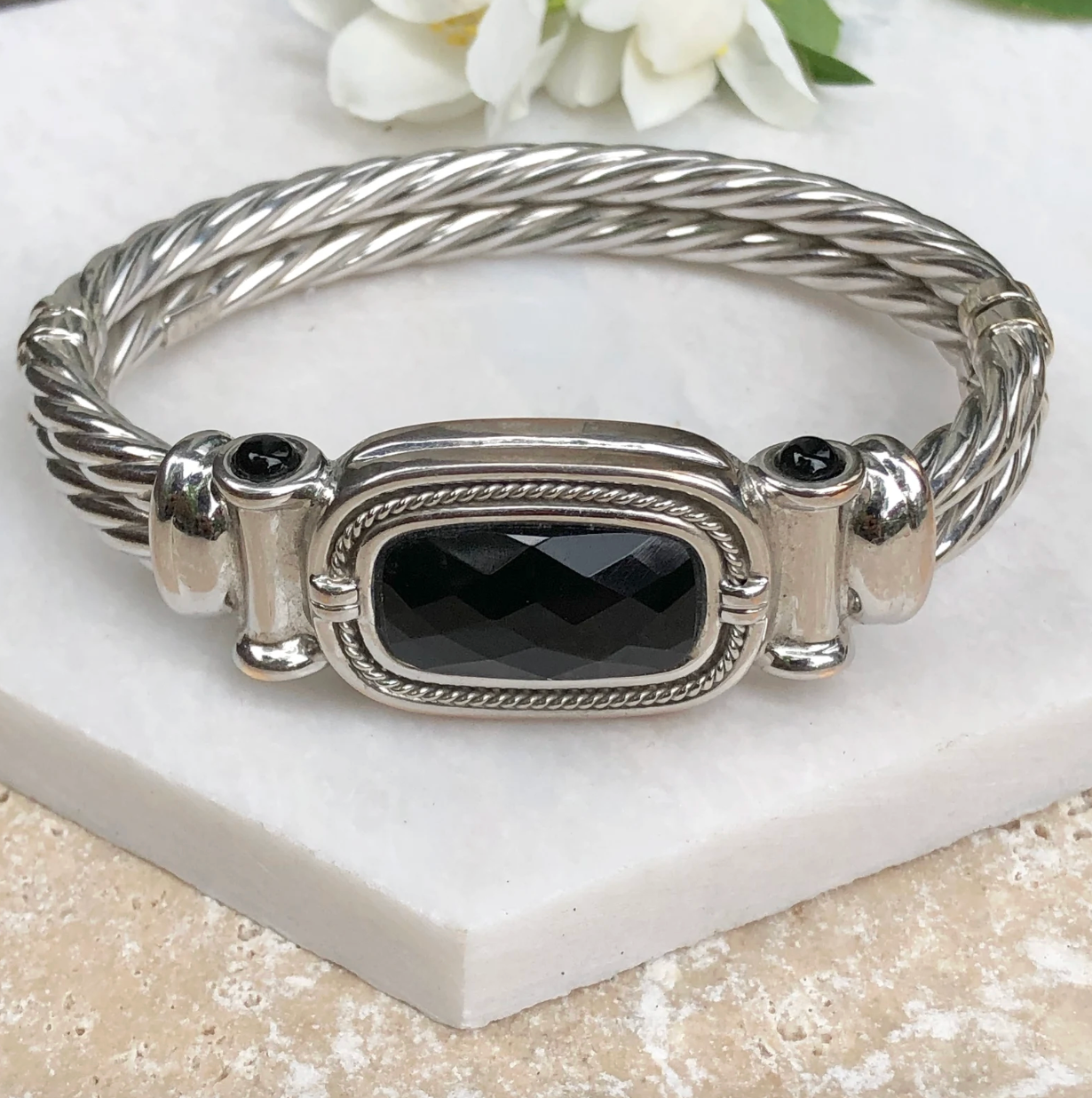 Estate 14KT White Gold Cabochon Onyx Cable Twist Bangle Bracelet - LSJ