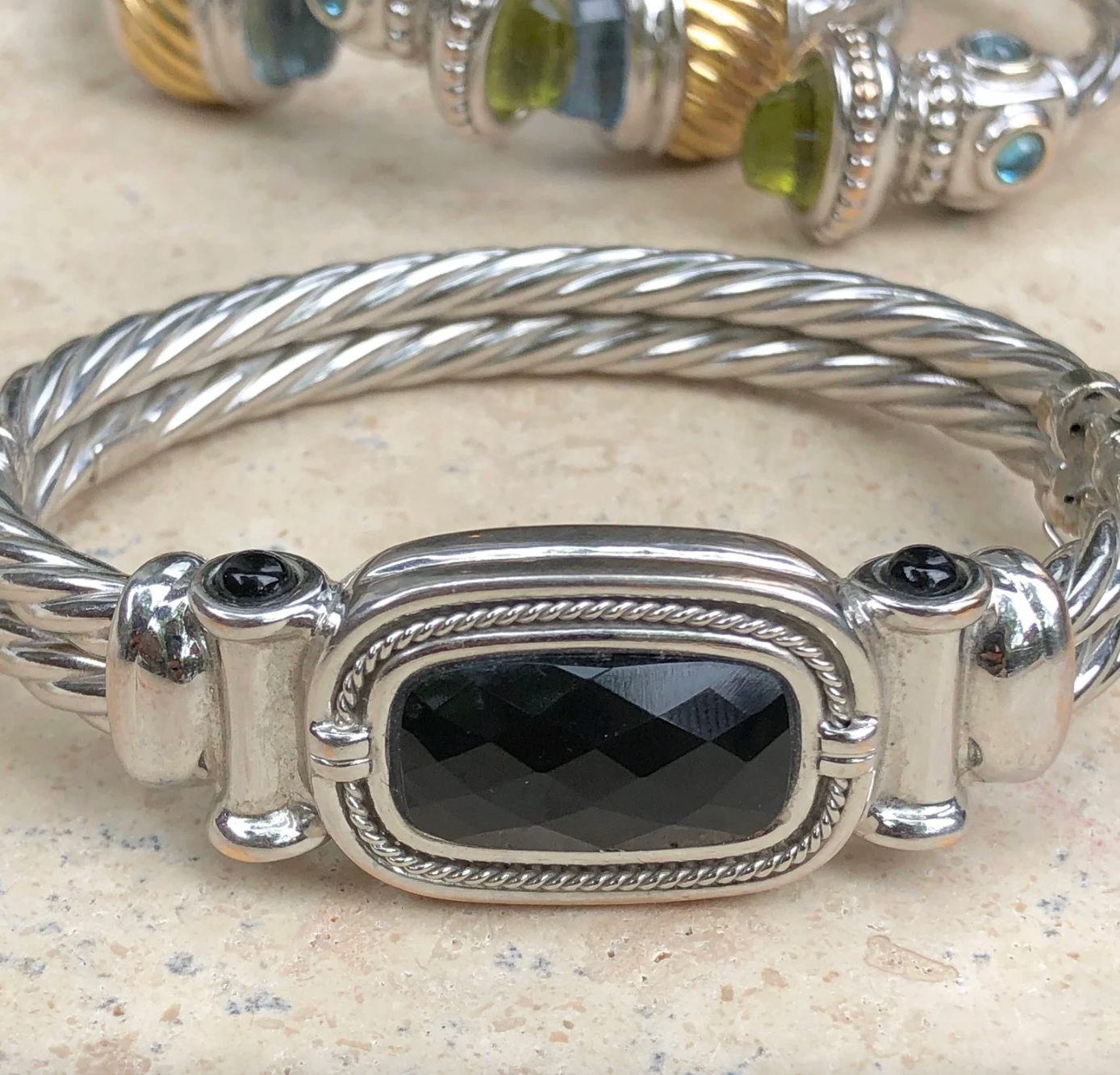 Estate 14KT White Gold Cabochon Onyx Cable Twist Bangle Bracelet - LSJ