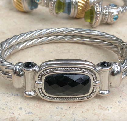 Estate 14KT White Gold Cabochon Onyx Cable Twist Bangle Bracelet - LSJ