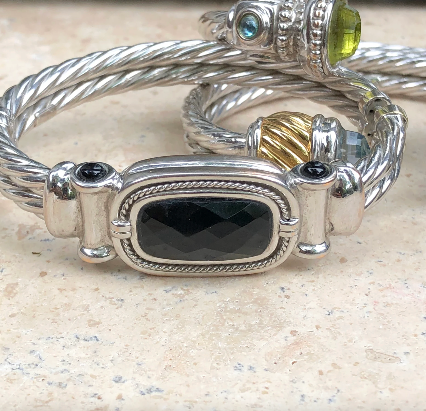 Estate 14KT White Gold Cabochon Onyx Cable Twist Bangle Bracelet - LSJ