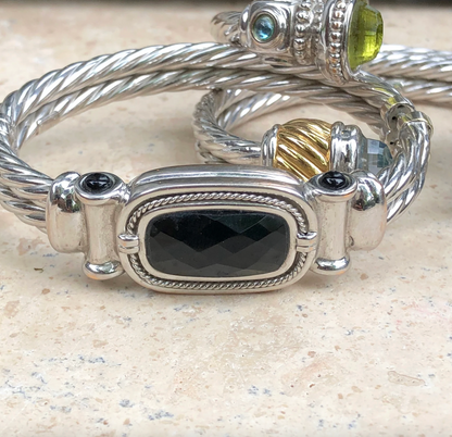 Estate 14KT White Gold Cabochon Onyx Cable Twist Bangle Bracelet - LSJ